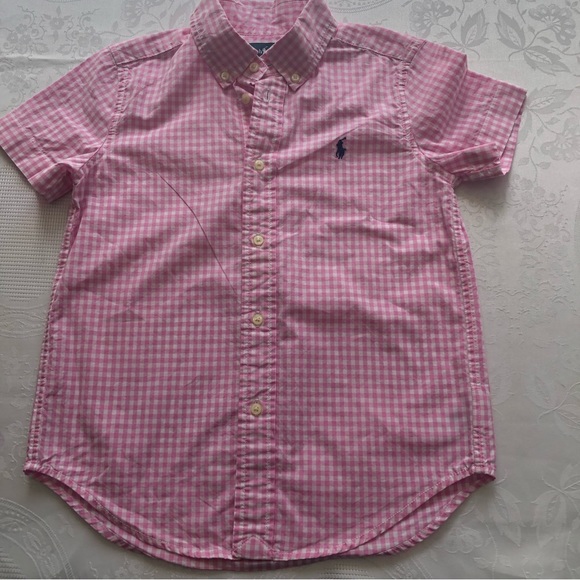 Ralph Lauren Pink/White Checkered Button-Up Shirt Boys Size 5 Short Sleeves Logo - Picture 1 of 16